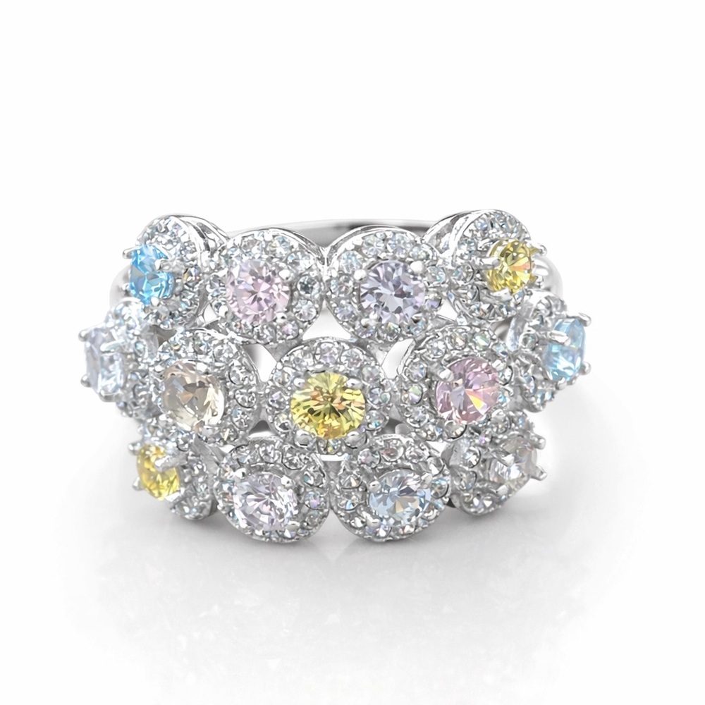 Multi-Color Cubic Zirconia Halo‎ Floral Silver 925 Ring